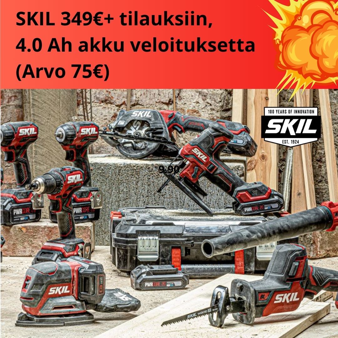 4,0 Ah akku kaupan päälle 340€ ja suurempiin SKIL tilauksiin.