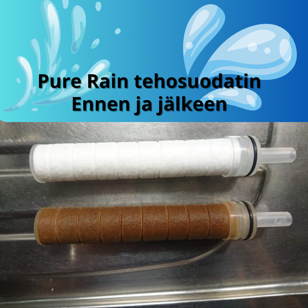 Asiakkaan Pure Rain tehosuodatin ennan ja jälkeen Helsingissä